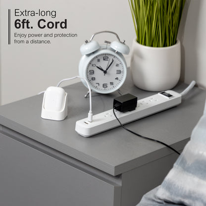 GE 6-Outlet Power Strip with USB, 1 USB-A & 1 USB-C, Flat Plug, White