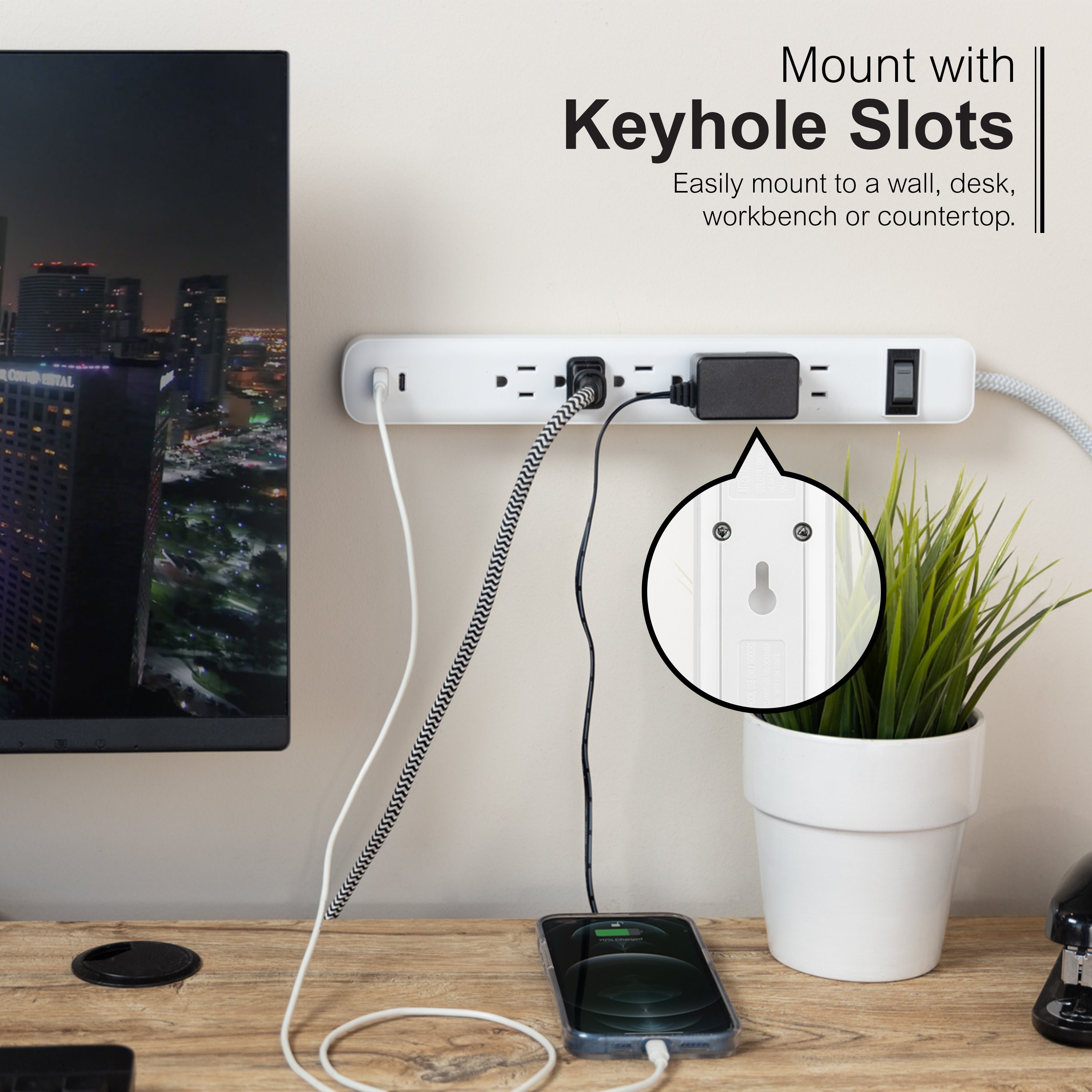 GE 6-Outlet Power Strip with USB, 1 USB-A & 1 USB-C, Flat Plug, White
