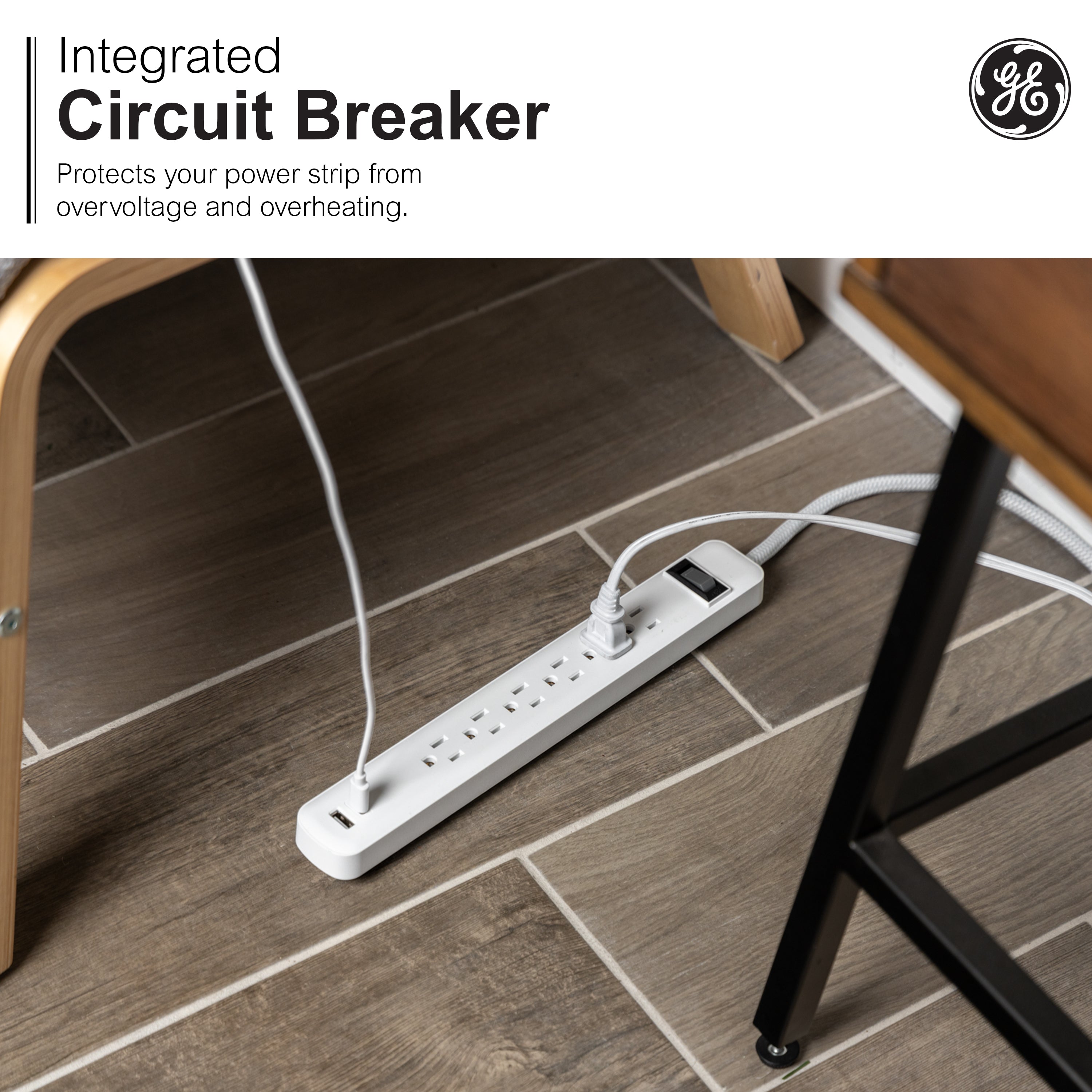 GE 6-Outlet Power Strip with USB, 1 USB-A & 1 USB-C, Flat Plug, White