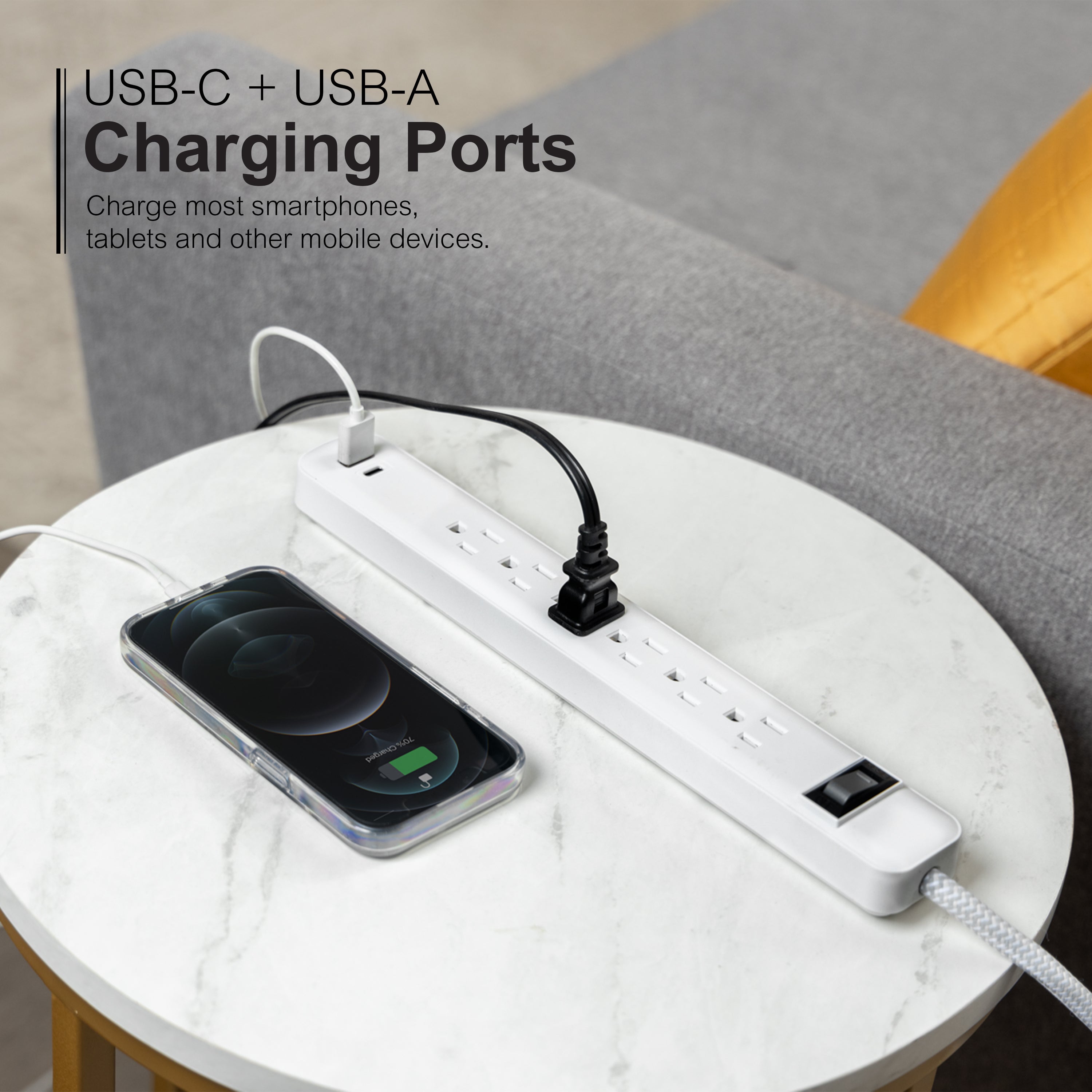 GE 6-Outlet Power Strip with USB, 1 USB-A & 1 USB-C, Flat Plug, White