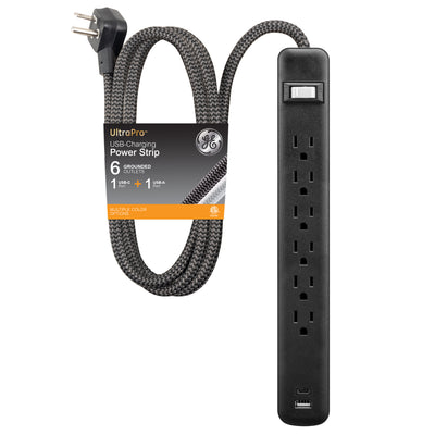 GE-branded 6-Outlet Power Strip with USB, 1 USB-A, 1 USB-C, 6ft., Black