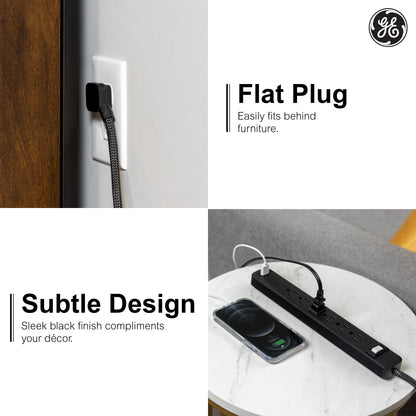 GE-branded 6-Outlet Power Strip with USB, 1 USB-A, 1 USB-C, 6ft., Black