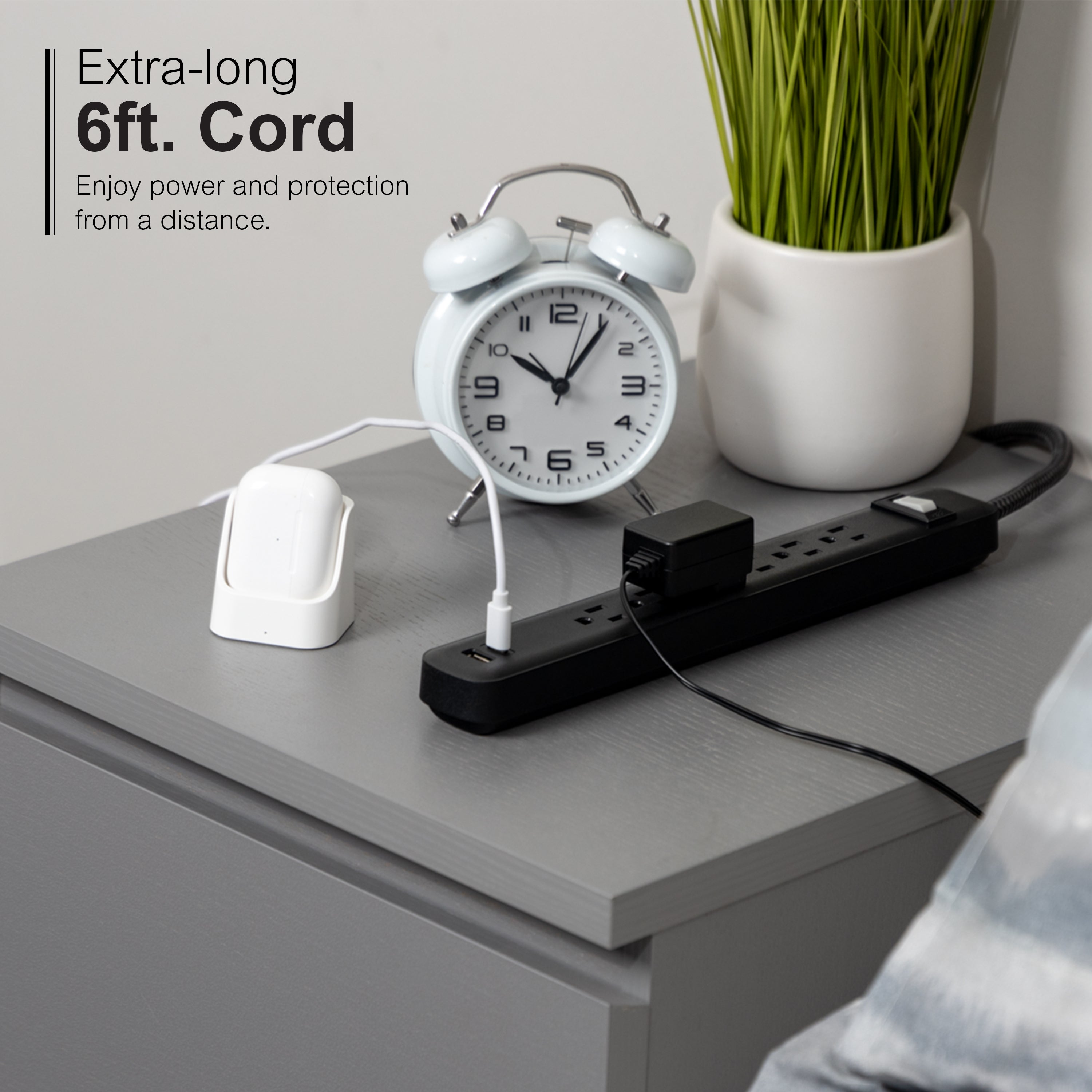 GE-branded 6-Outlet Power Strip with USB, 1 USB-A, 1 USB-C, 6ft., Black