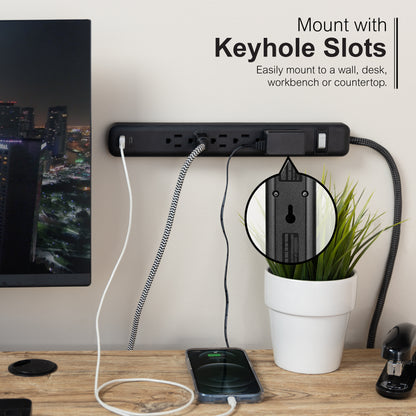 GE-branded 6-Outlet Power Strip with USB, 1 USB-A, 1 USB-C, 6ft., Black