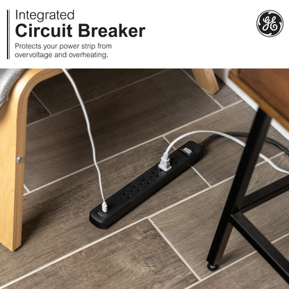 GE-branded 6-Outlet Power Strip with USB, 1 USB-A, 1 USB-C, 6ft., Black