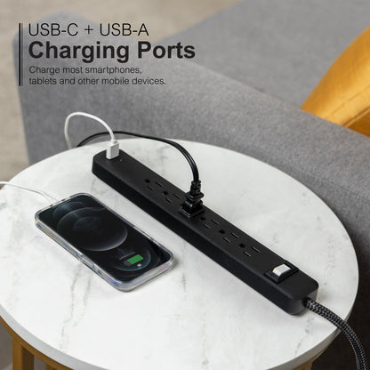 GE-branded 6-Outlet Power Strip with USB, 1 USB-A, 1 USB-C, 6ft., Black