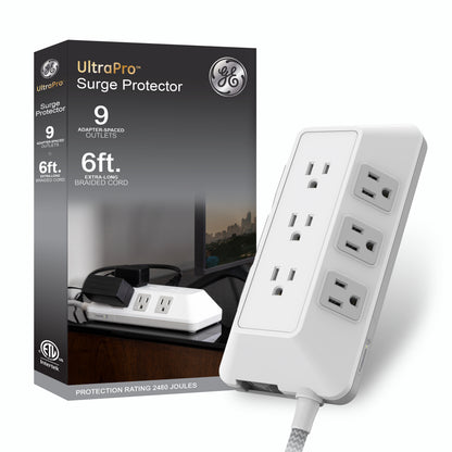 GE-branded 9-Outlet Surge Protector, 2480J, 6ft. Braided Cord, White