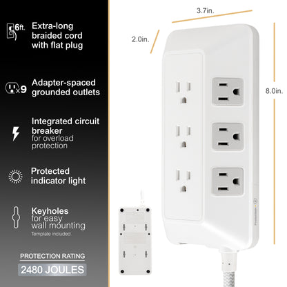 GE-branded 9-Outlet Surge Protector, 2480J, 6ft. Braided Cord, White