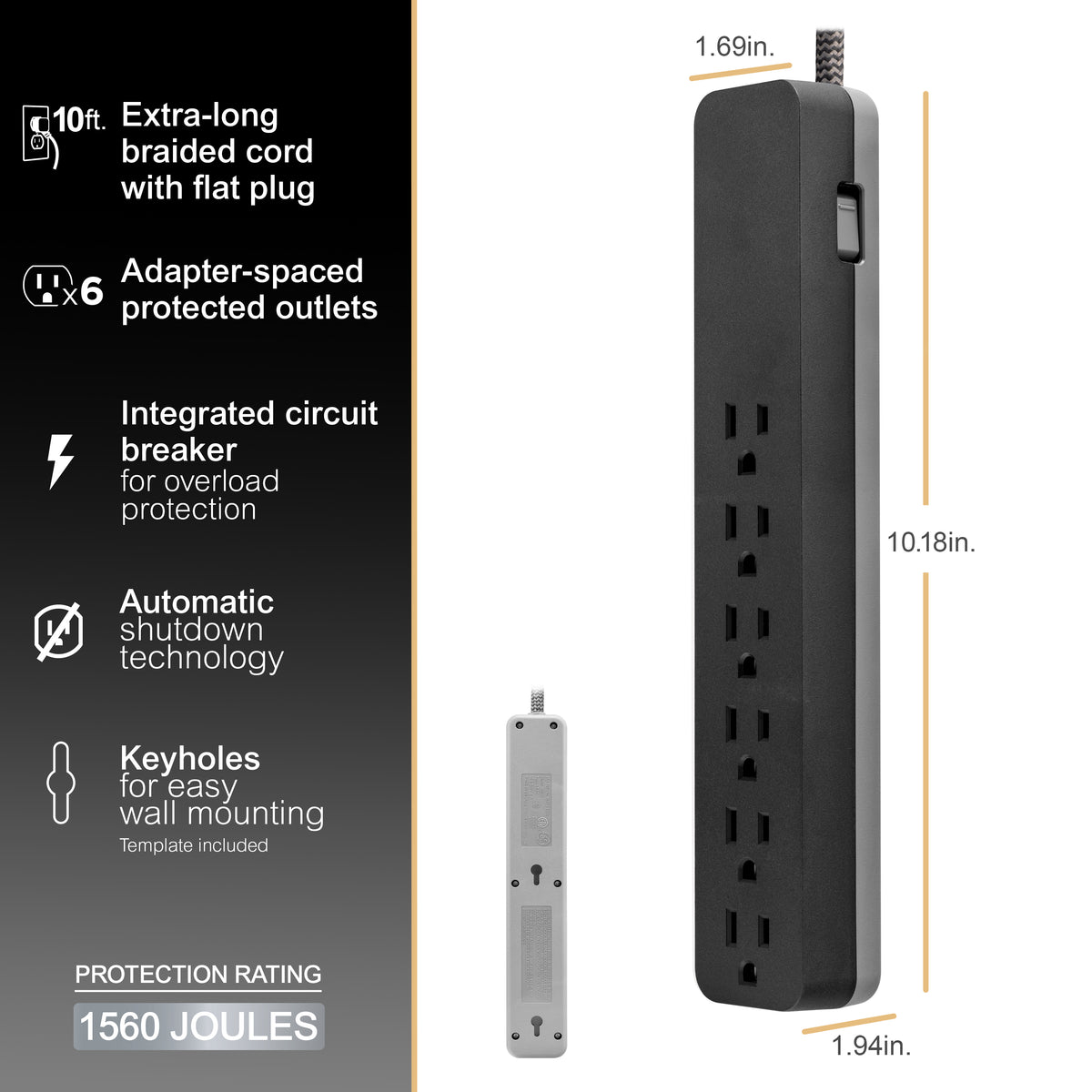 GE-branded 6-Outlet Surge Protector, 1560J, 10ft. Black