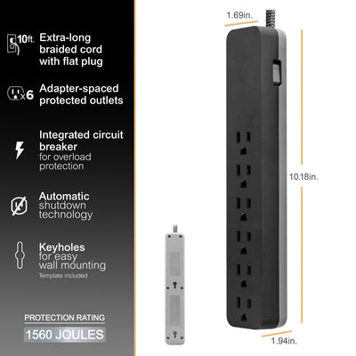 GE-branded 6-Outlet Surge Protector, 1560J, 10ft. Black
