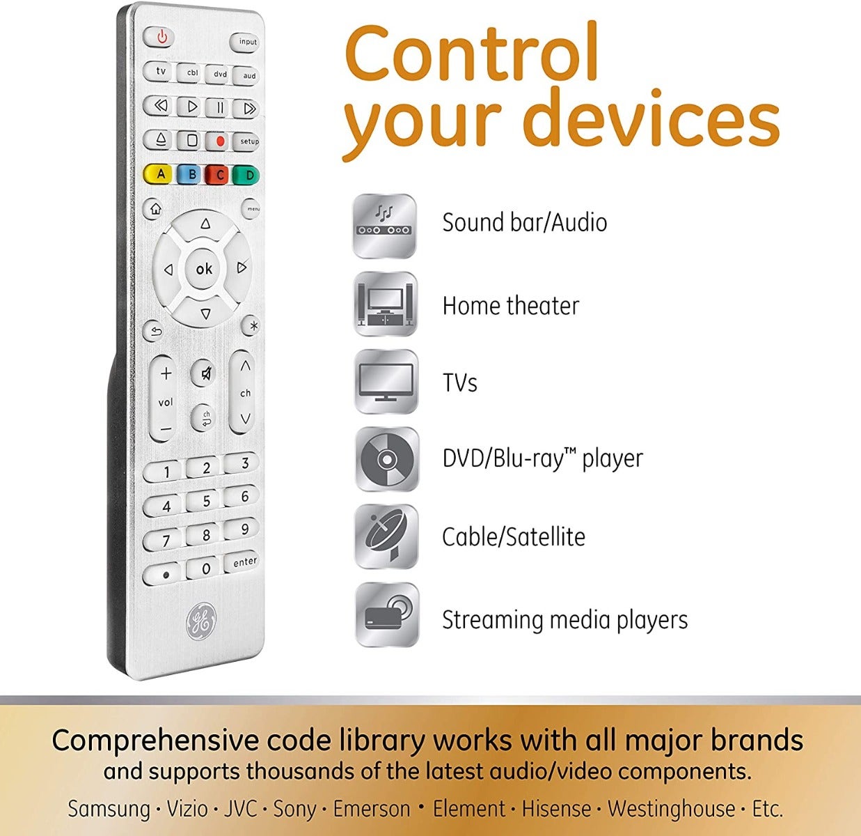 GE 4-Device Backlit Universal Remote, Brushed Silver