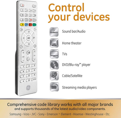 GE 4-Device Backlit Universal Remote, Brushed Silver