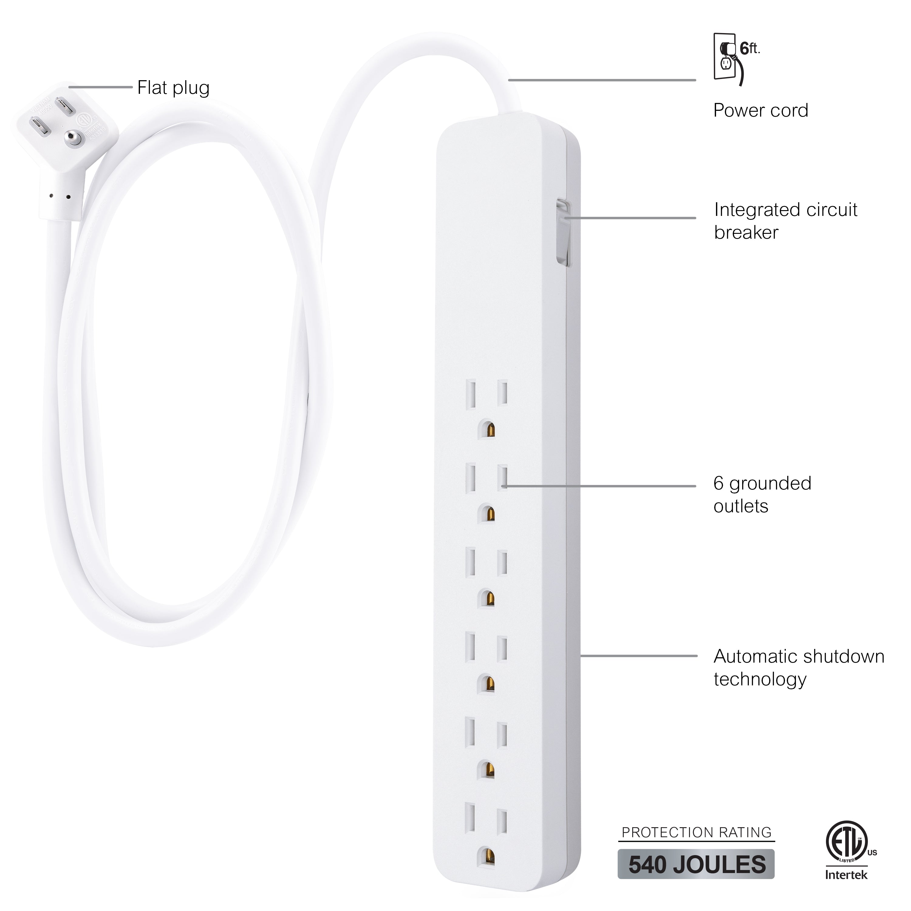 GE UltraPro 6-Outlet 6ft. Surge Protector, White