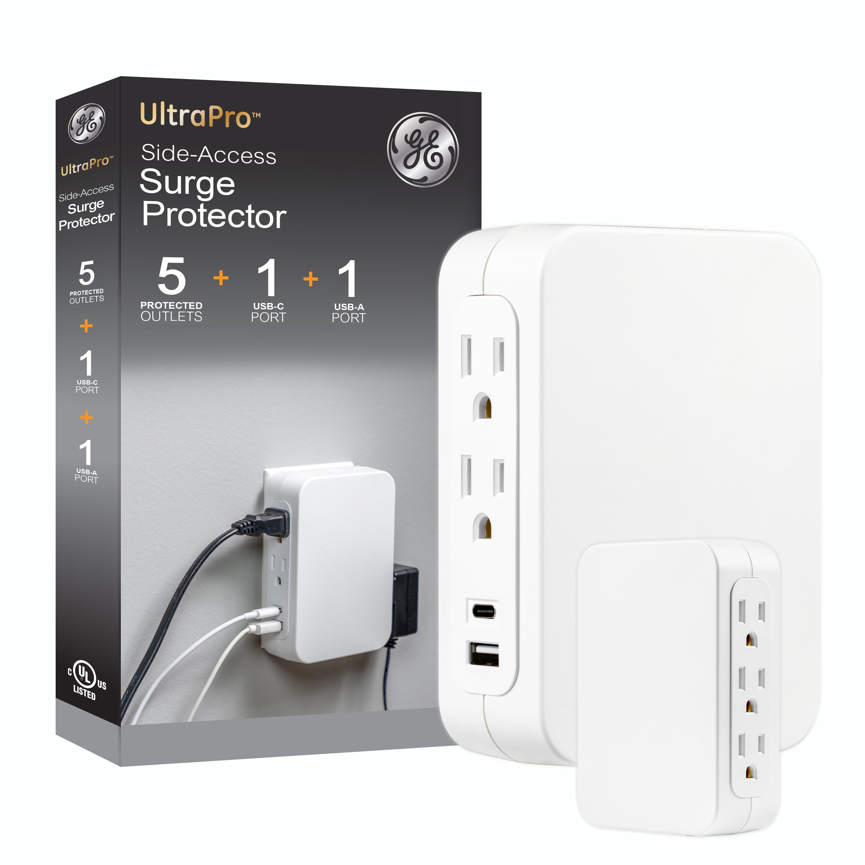 GE USB C 5 Outlet Extender, Side-Access, Wall Tap Surge Protector, Multi-Plug, USB A, 3-Prong, Secure Install, White,