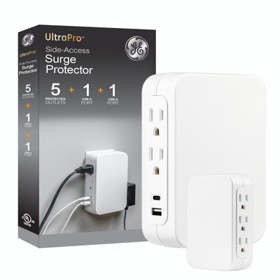 GE USB C 5 Outlet Extender, Side-Access, Wall Tap Surge Protector, Multi-Plug, USB A, 3-Prong, Secure Install, White,