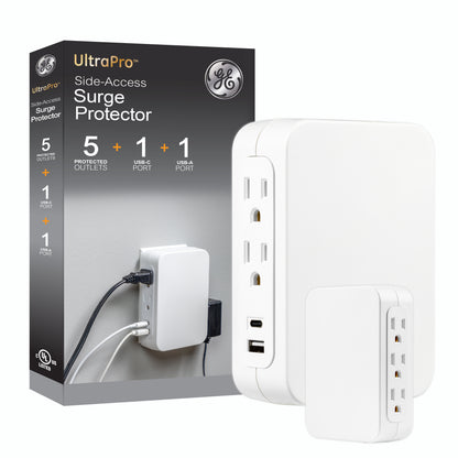 GE USB C 5 Outlet Extender, Side-Access, Wall Tap Surge Protector, Multi-Plug, USB A, 3-Prong, Secure Install, White,
