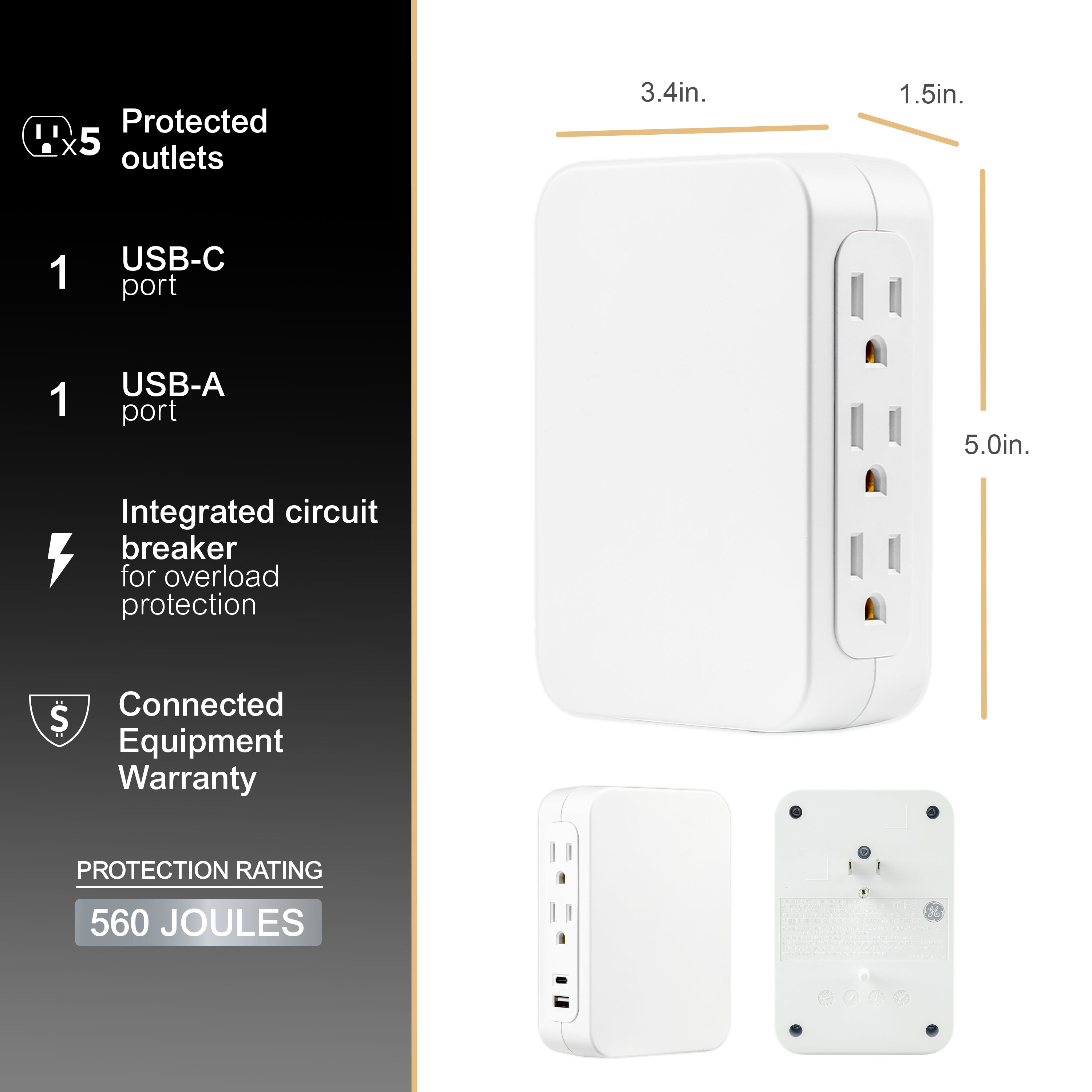 GE USB C 5 Outlet Extender, Side-Access, Wall Tap Surge Protector, Multi-Plug, USB A, 3-Prong, Secure Install, White,