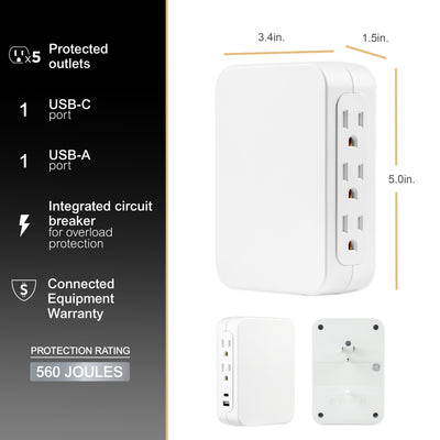 GE USB C 5 Outlet Extender, Side-Access, Wall Tap Surge Protector, Multi-Plug, USB A, 3-Prong, Secure Install, White,