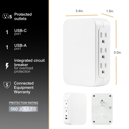 GE USB C 5 Outlet Extender, Side-Access, Wall Tap Surge Protector, Multi-Plug, USB A, 3-Prong, Secure Install, White,