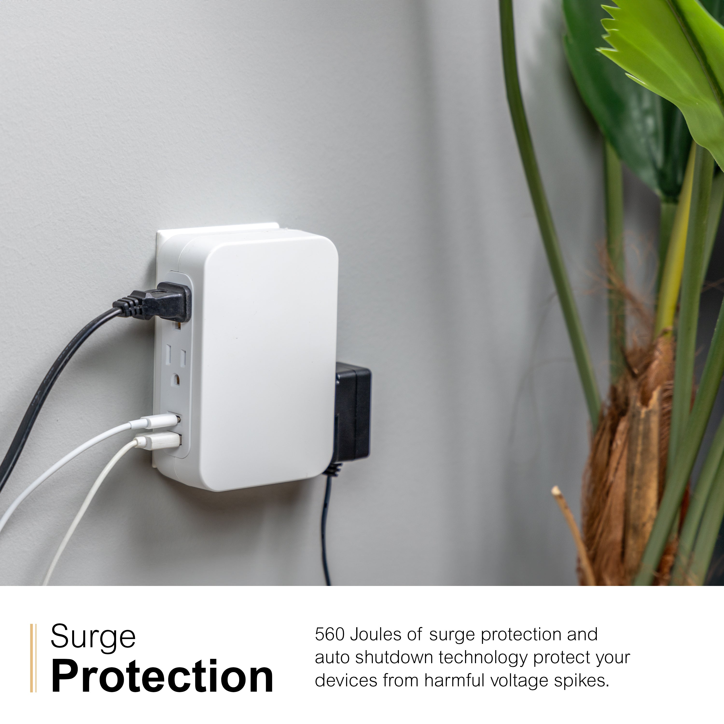 GE USB C 5 Outlet Extender, Side-Access, Wall Tap Surge Protector, Multi-Plug, USB A, 3-Prong, Secure Install, White,