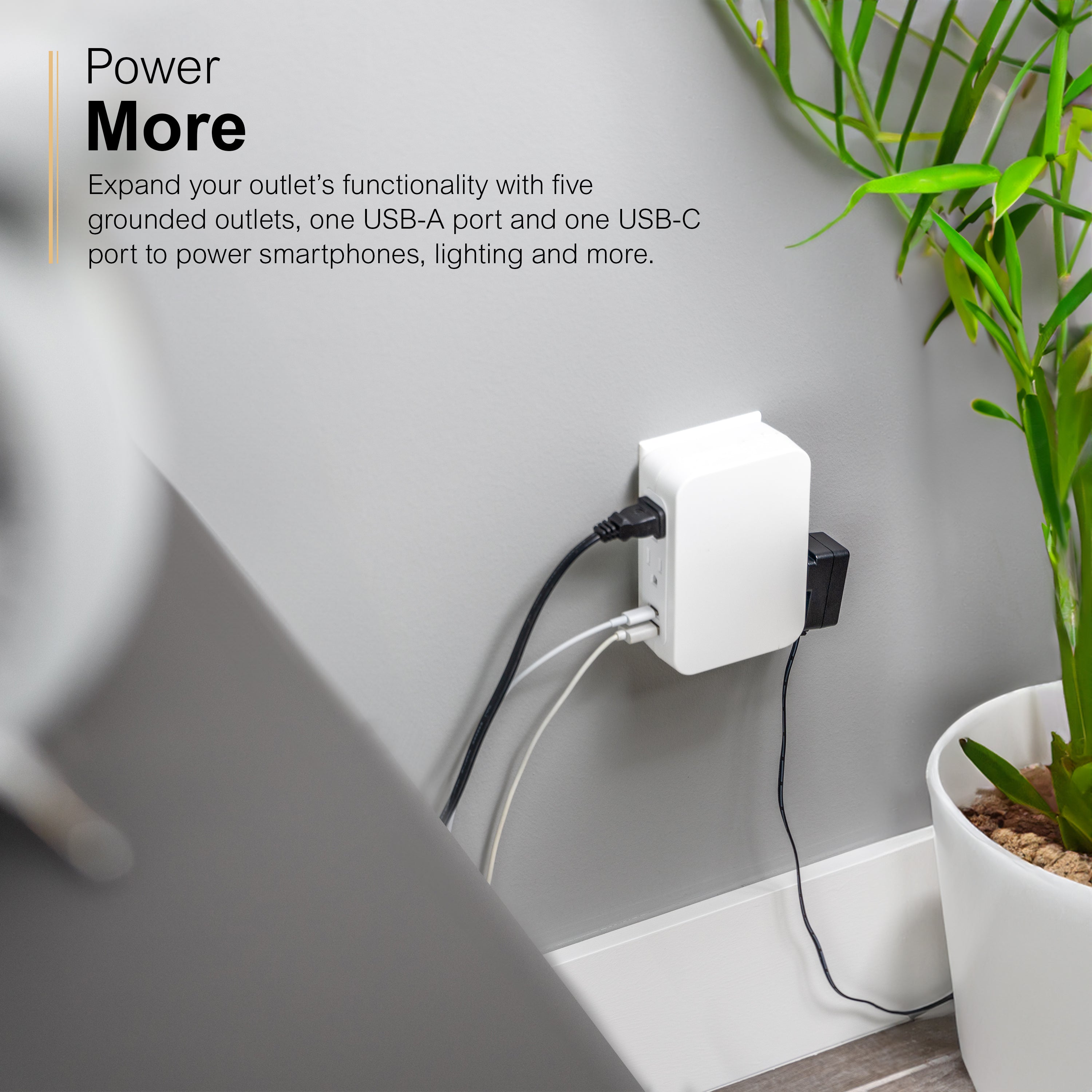 GE USB C 5 Outlet Extender, Side-Access, Wall Tap Surge Protector, Multi-Plug, USB A, 3-Prong, Secure Install, White,