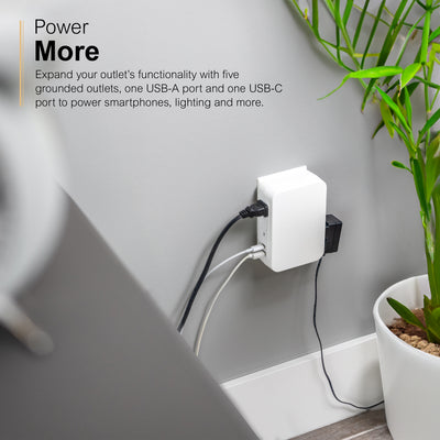 GE USB C 5 Outlet Extender, Side-Access, Wall Tap Surge Protector, Multi-Plug, USB A, 3-Prong, Secure Install, White,