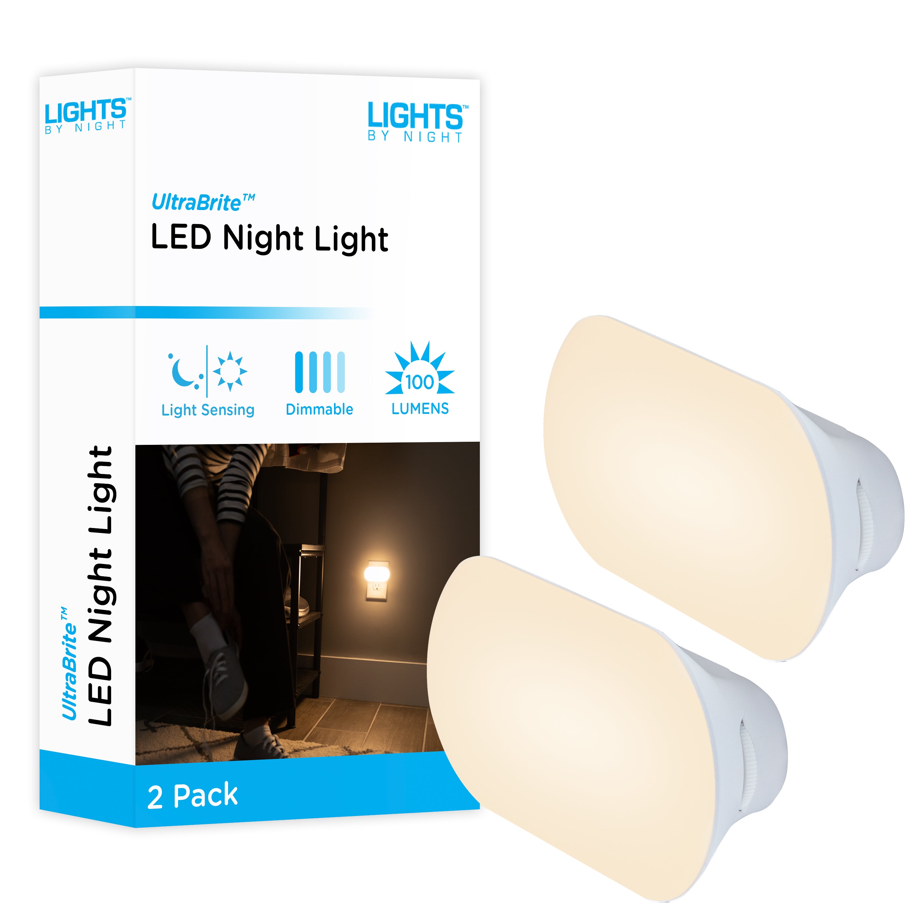 Lights by Night UltraBrite Light Sensing LED Dimmable Mini Night Light, 2 Pack