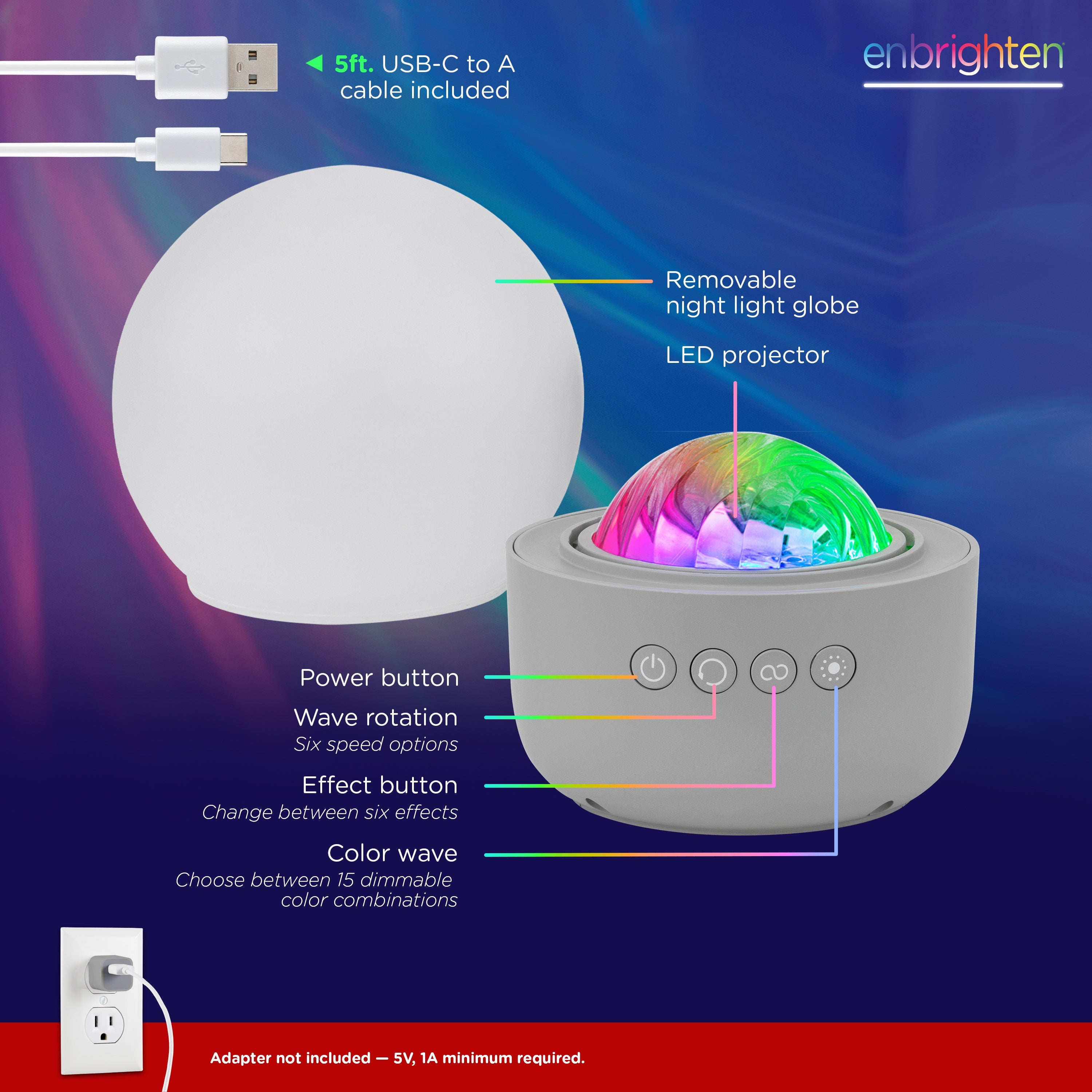 Enbrighten Aurora Wave Galaxy Projector LED Tabletop Night Light with On/Off Globe Cover, White