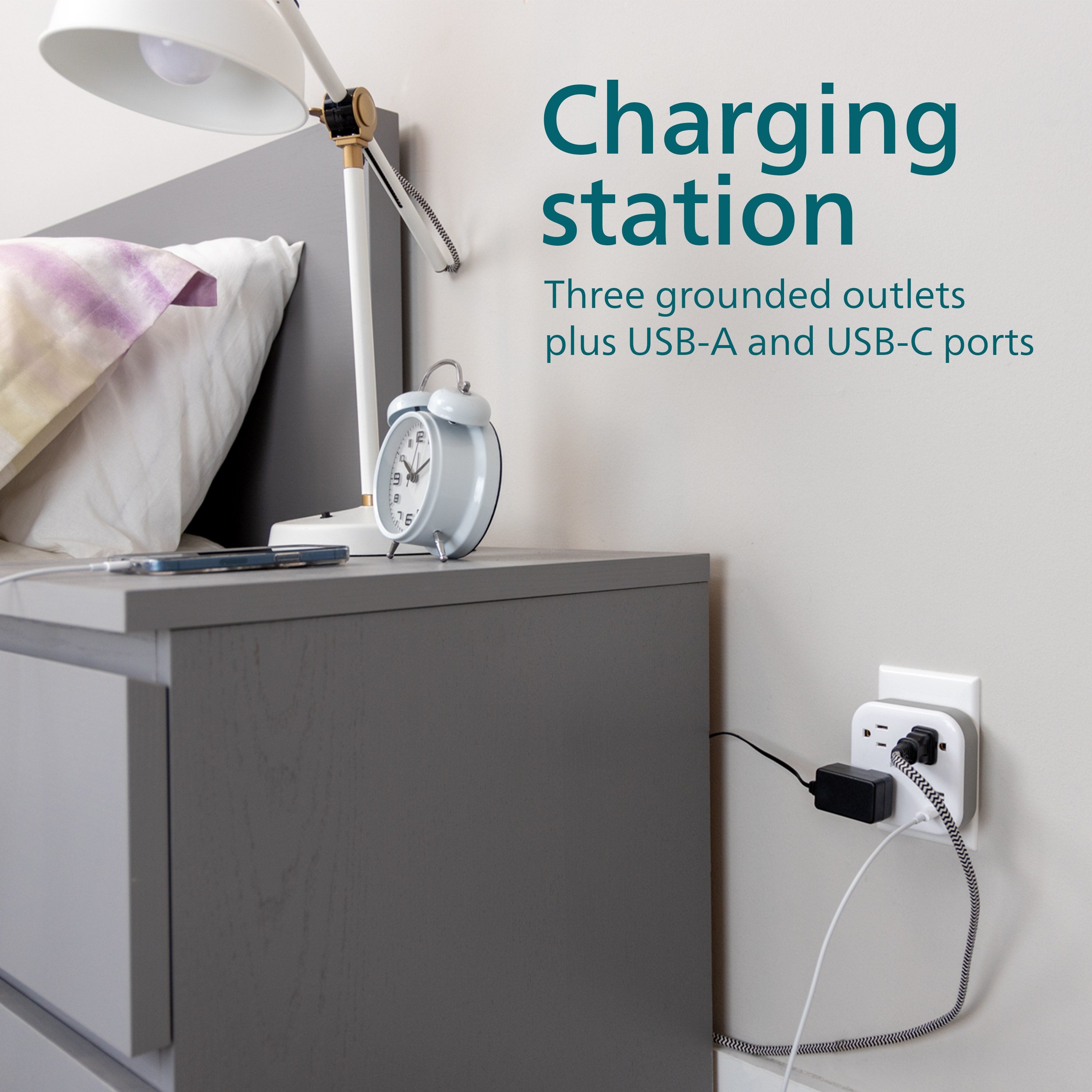 Philips 3-Outlet 1 USB-A 1 USB-C Wall Tap with Surge Protection, White