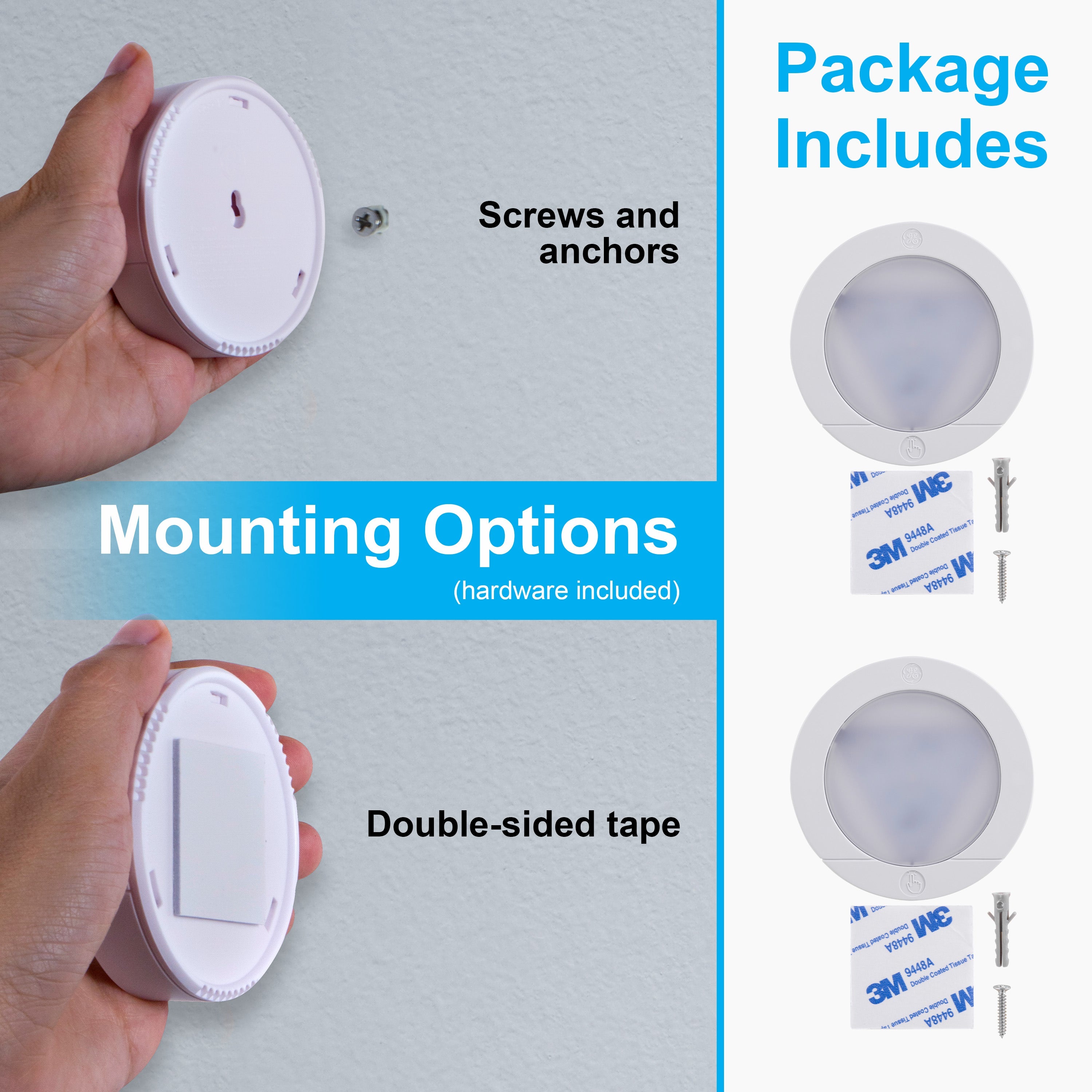 GE Battery Operated Touch Activated LED Puck Lights, 2 Pack, White