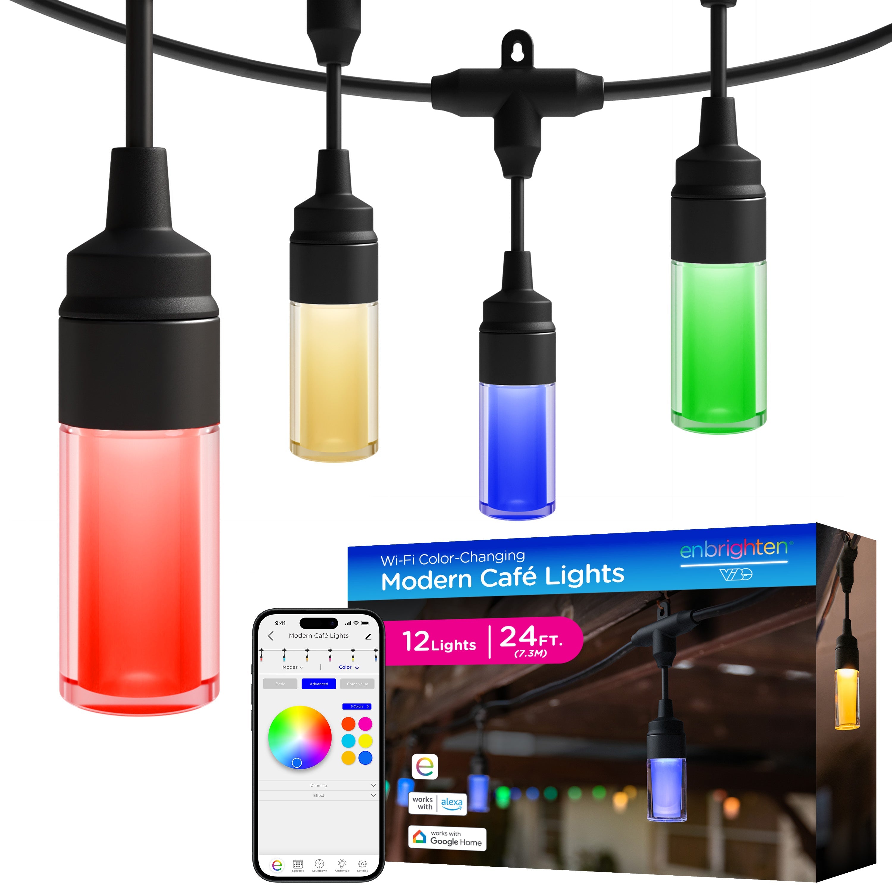 Enbrighten WiFi VIBE Modern Color-Changing LED Cafe Lights, 24 Bulbs, 48ft. Black Cord