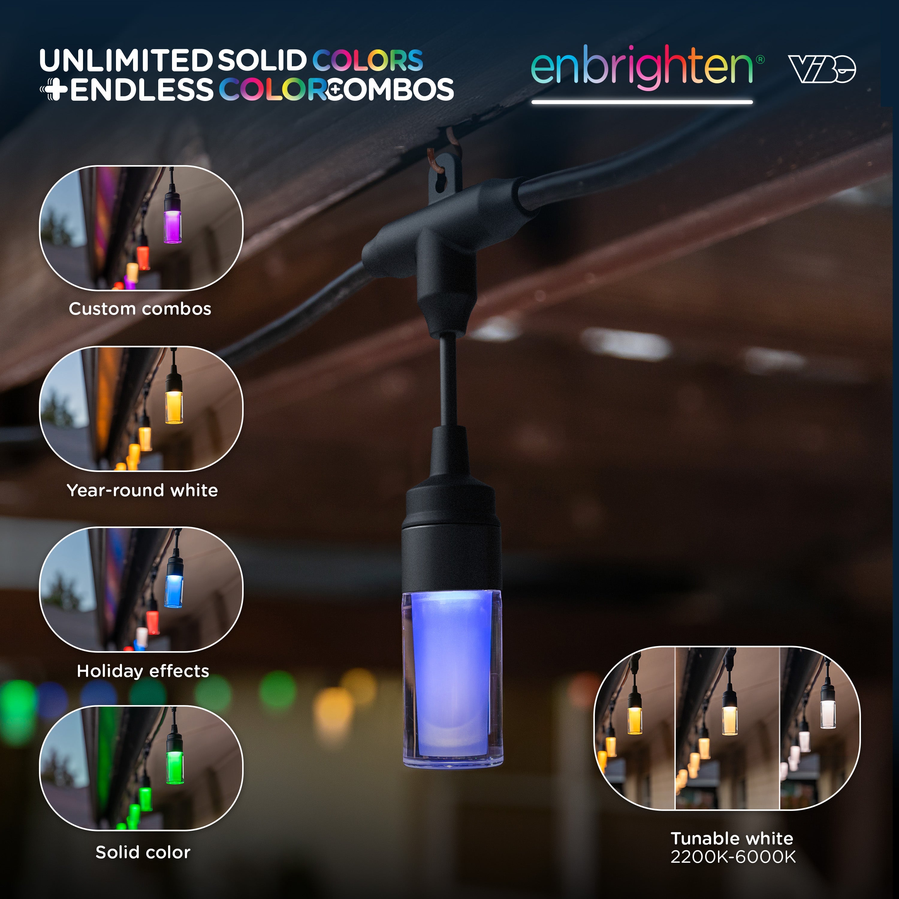 Enbrighten WiFi VIBE Modern Color-Changing LED Cafe Lights, 12 Bulbs, 24ft. Black Cord