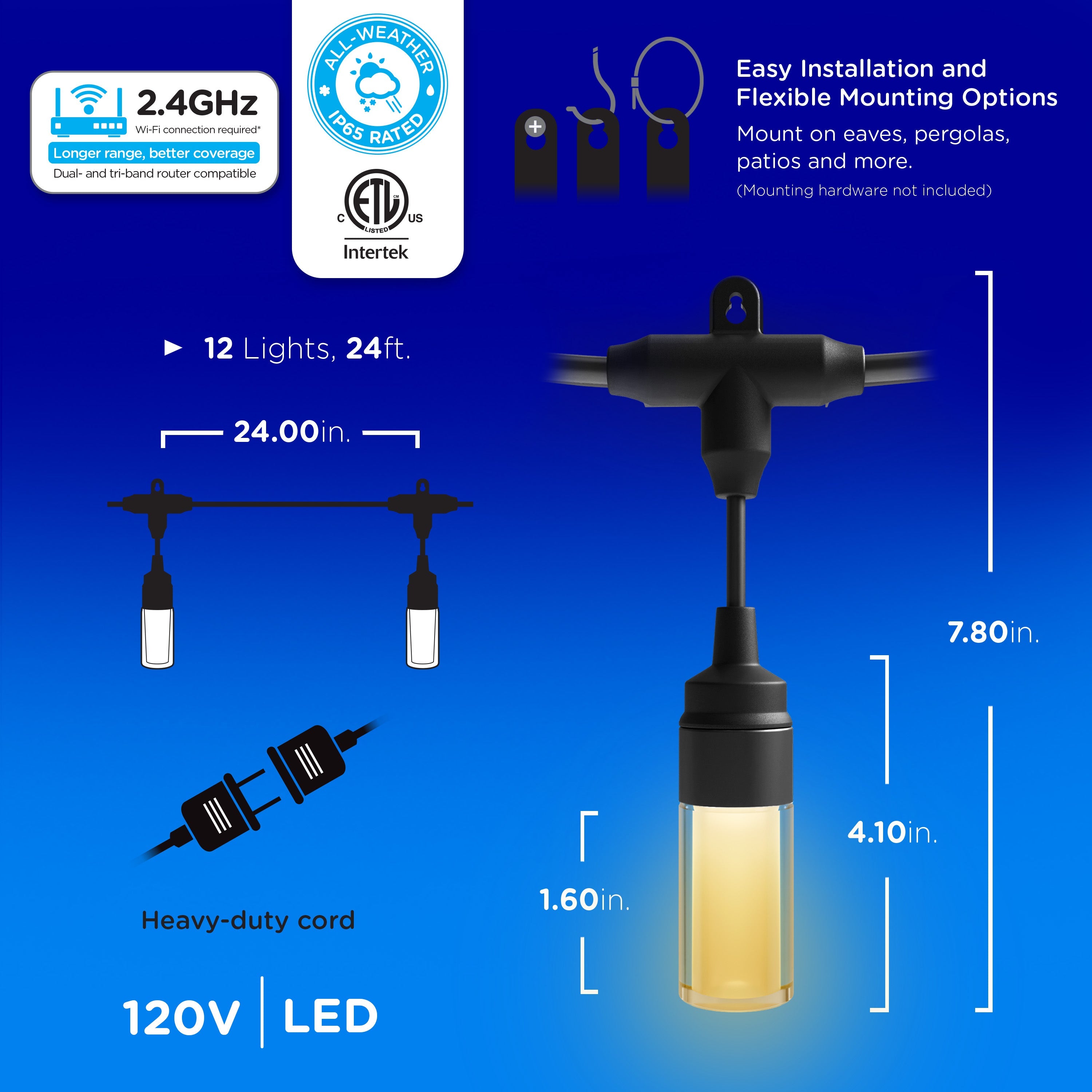 Enbrighten WiFi VIBE Modern Color-Changing LED Cafe Lights, 12 Bulbs, 24ft. Black Cord