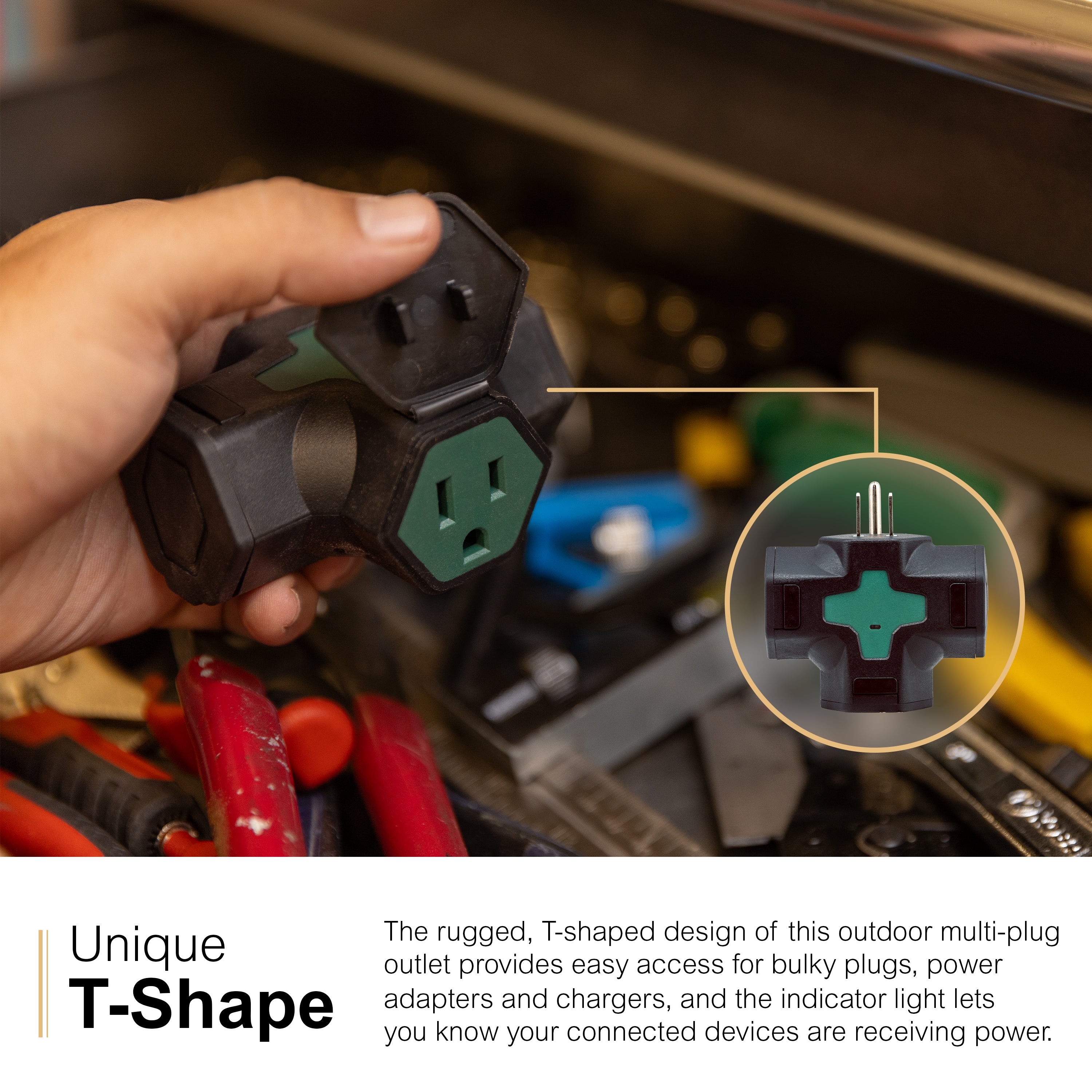 GE-branded Heavy-Duty 3-Outlet Tap w/indicator light, Green