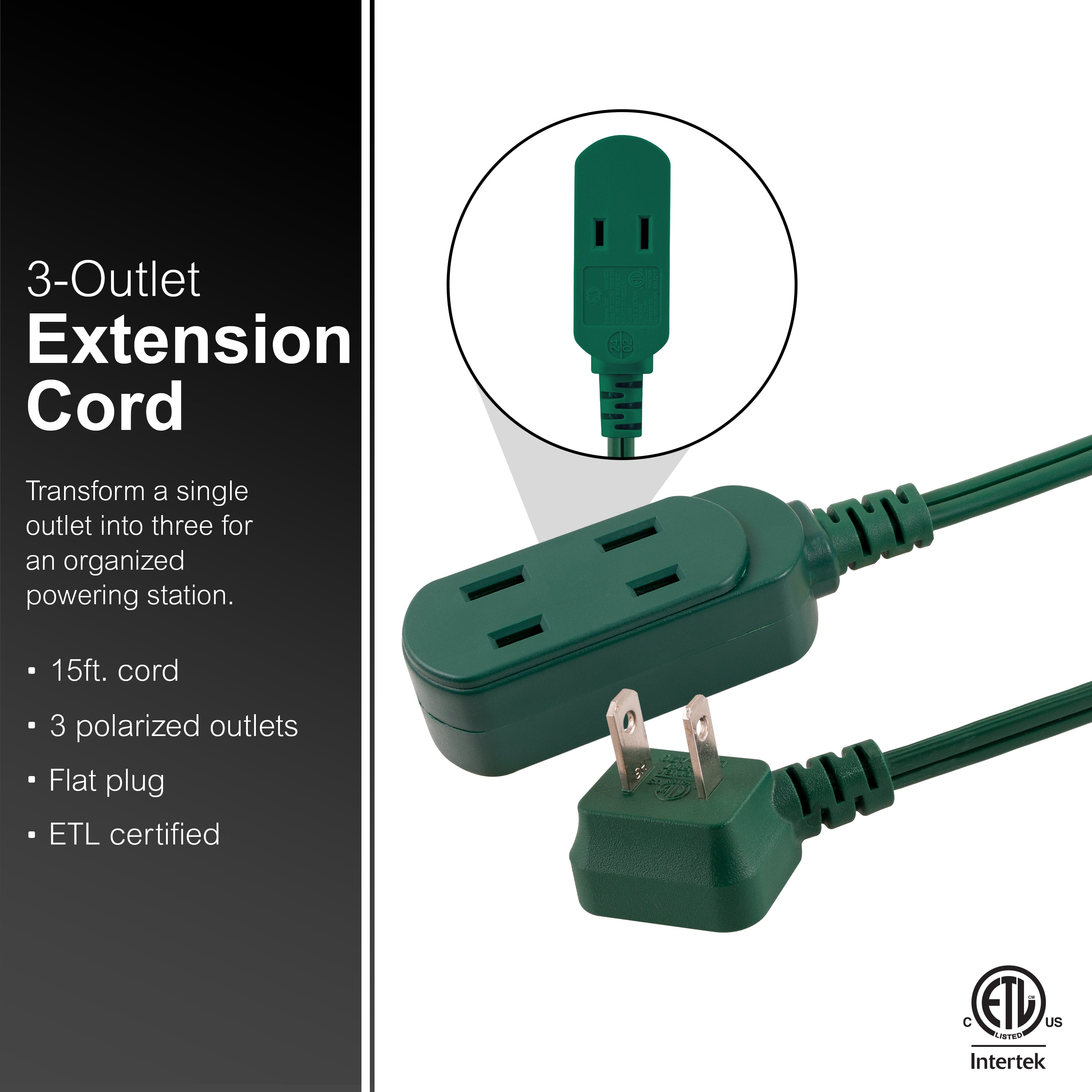 GE-branded UltraPro 3-Outlet Polarized Extension Cord, 15ft., Indoor, Green