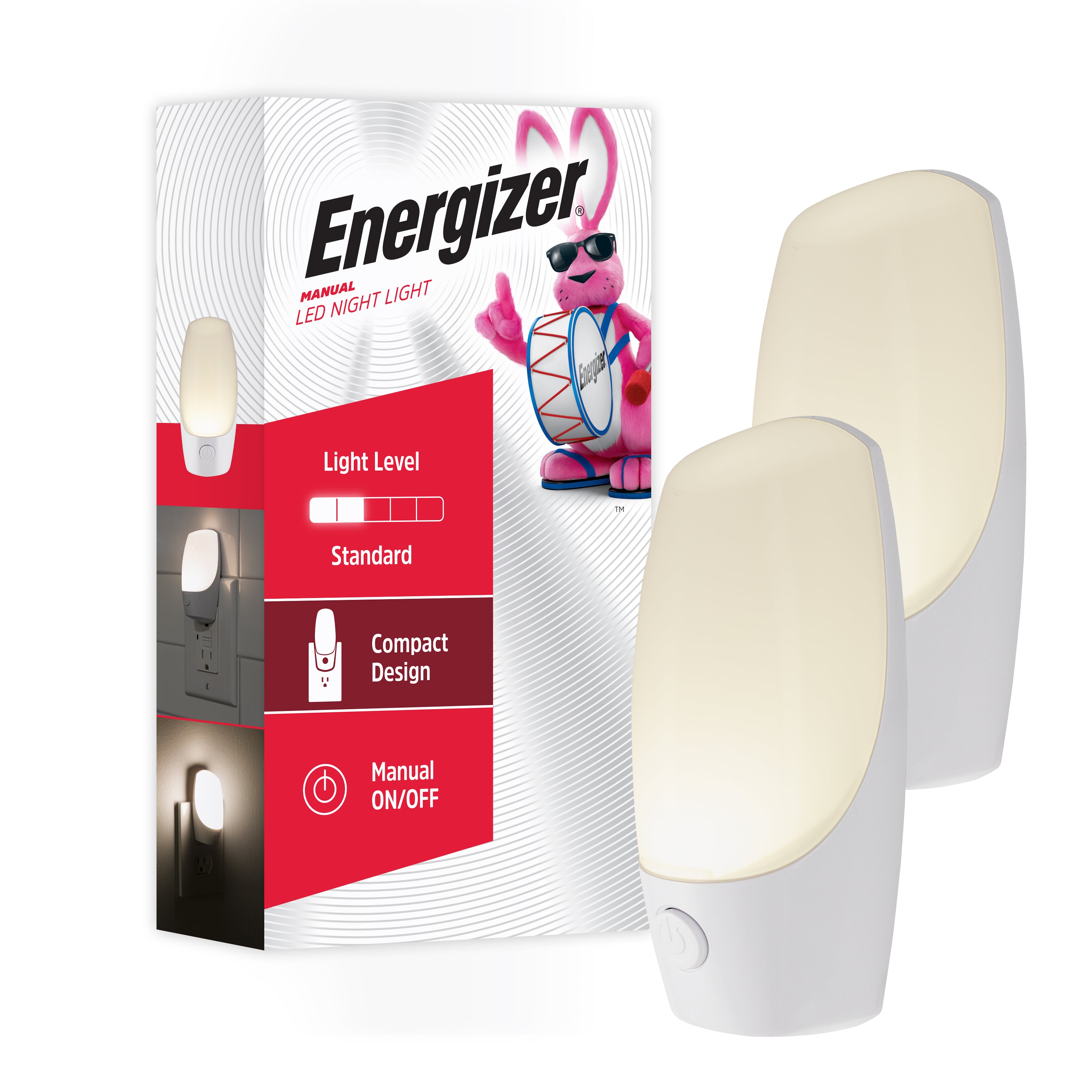 Energizer Manual Button Night Light, 2 Pack, White