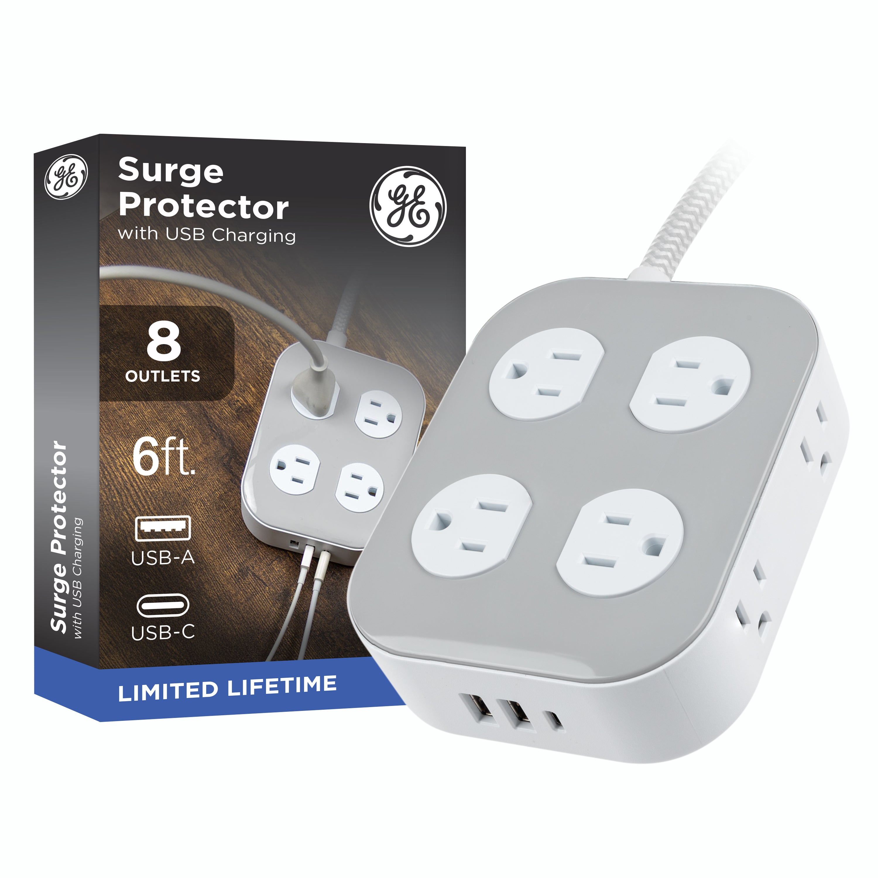 GE-branded Adapt UltraPro 8-Outlet Surge Protector, 2 USB-A, 1 USB-C, 1500 Joules, 6ft., White/Gray