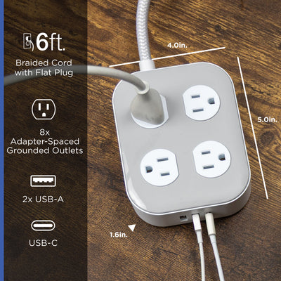 GE-branded Adapt UltraPro 8-Outlet Surge Protector, 2 USB-A, 1 USB-C, 1500 Joules, 6ft., White/Gray