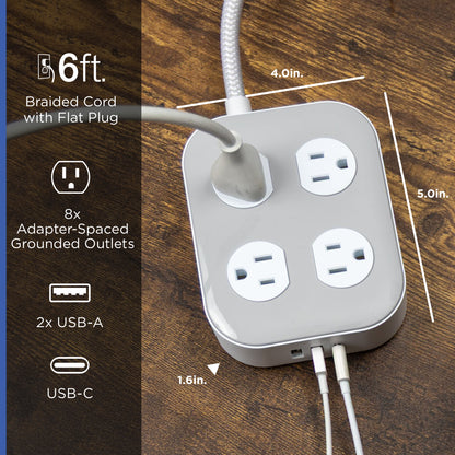 GE-branded Adapt UltraPro 8-Outlet Surge Protector, 2 USB-A, 1 USB-C, 1500 Joules, 6ft., White/Gray