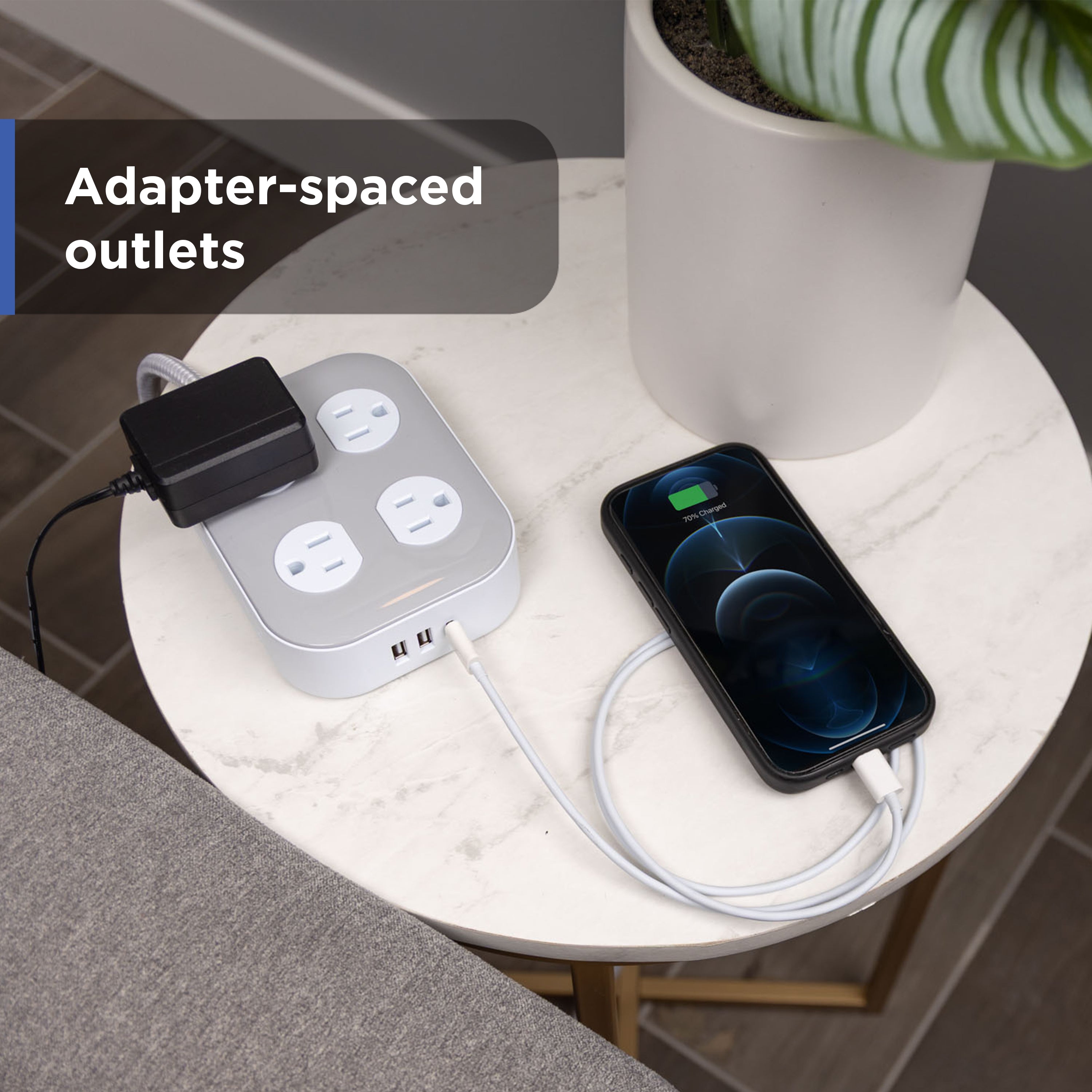 GE-branded Adapt UltraPro 8-Outlet Surge Protector, 2 USB-A, 1 USB-C, 1500 Joules, 6ft., White/Gray