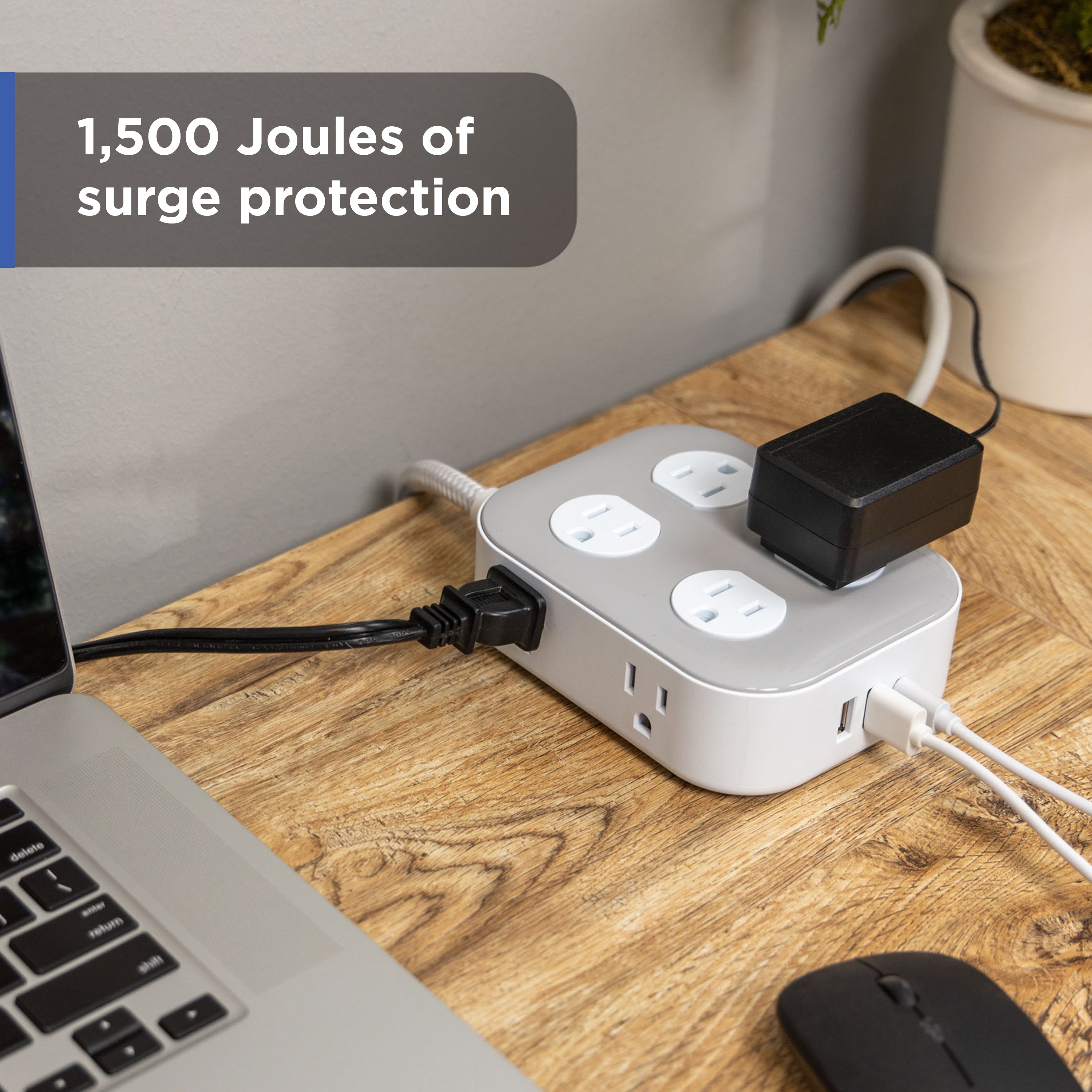 GE-branded Adapt UltraPro 8-Outlet Surge Protector, 2 USB-A, 1 USB-C, 1500 Joules, 6ft., White/Gray