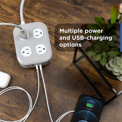 GE-branded Adapt UltraPro 8-Outlet Surge Protector, 2 USB-A, 1 USB-C, 1500 Joules, 6ft., White/Gray