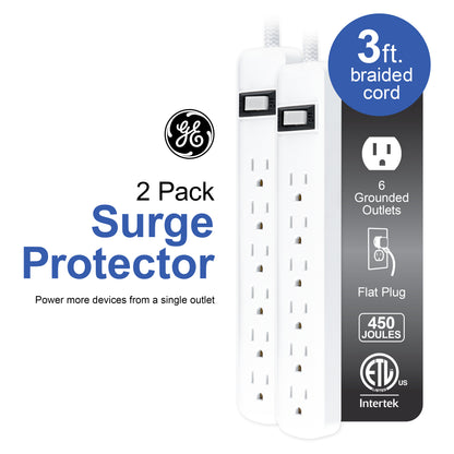 GE 6-Outlet Surge Protector, 450J, 3ft. Braided Cord, White, 2pk