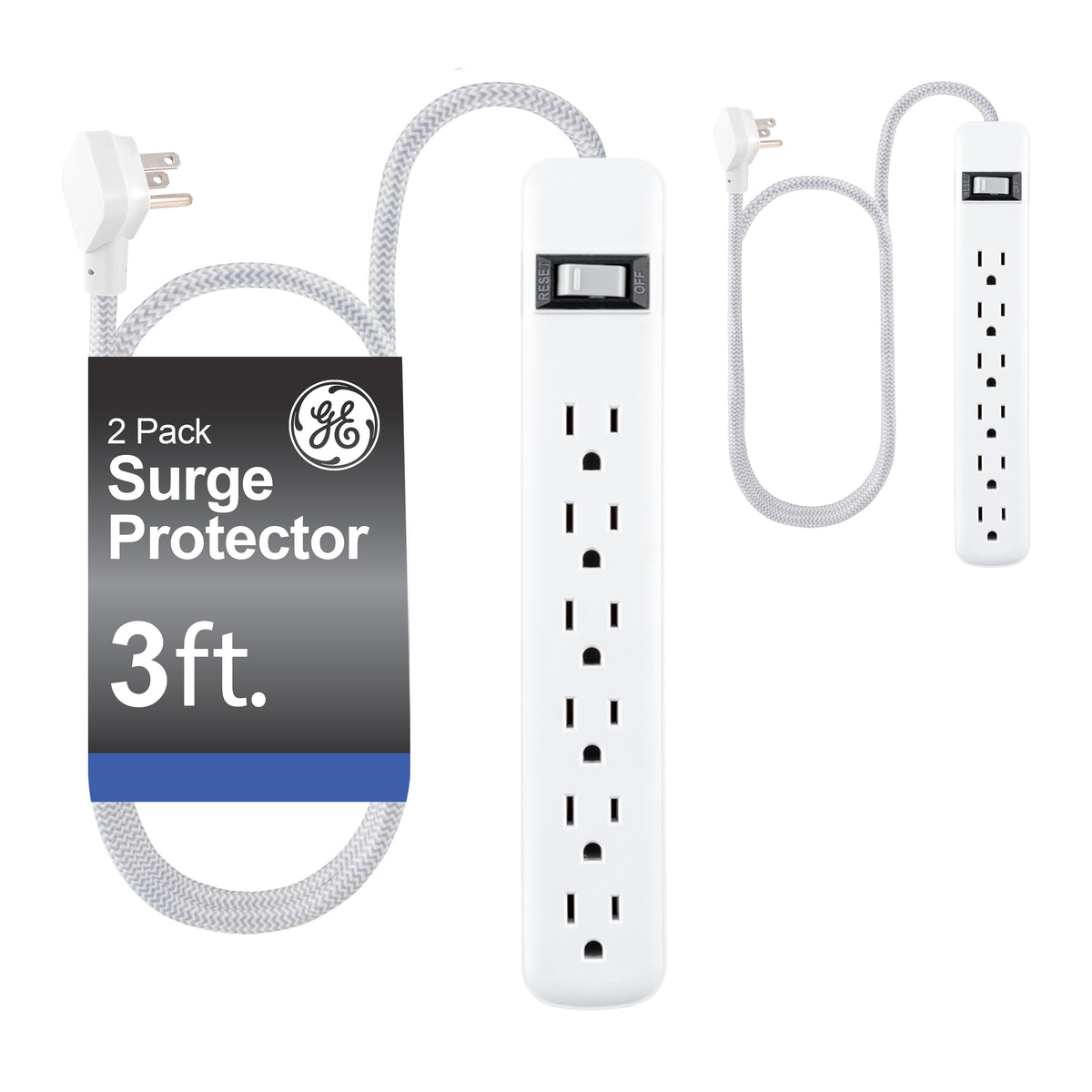 GE 6-Outlet Surge Protector, 450J, 3ft. Braided Cord, White, 2pk