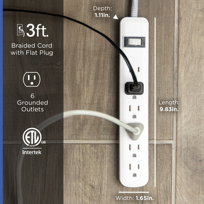 GE 6-Outlet Surge Protector, 450J, 3ft. Braided Cord, White, 2pk