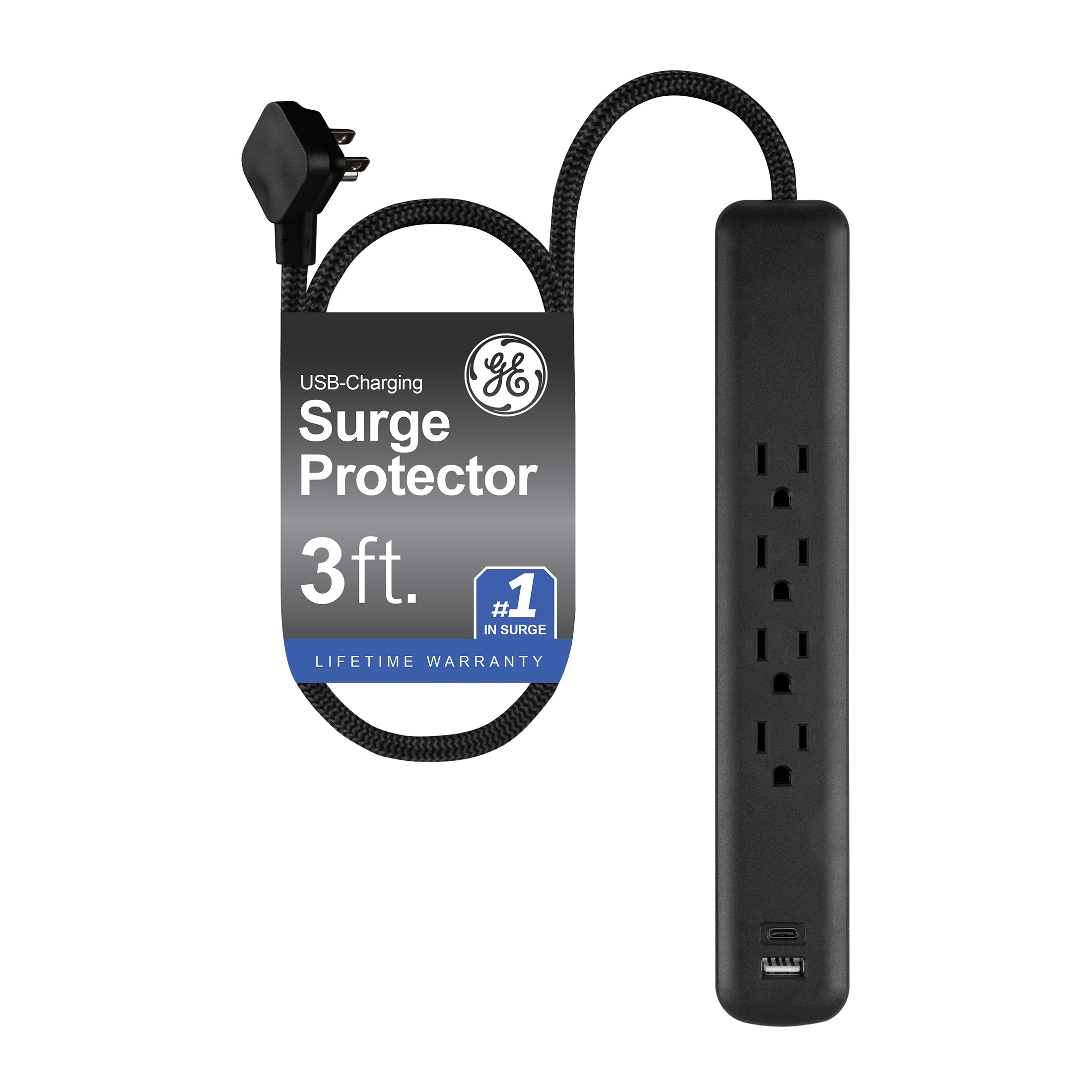 GE Surge Protector Power Strip, 4 Outlets, 1 USB-C & 1 USB-A Port (12W), 490J Protection, 3FT Braided Extension Cord, Flat Plug, Black