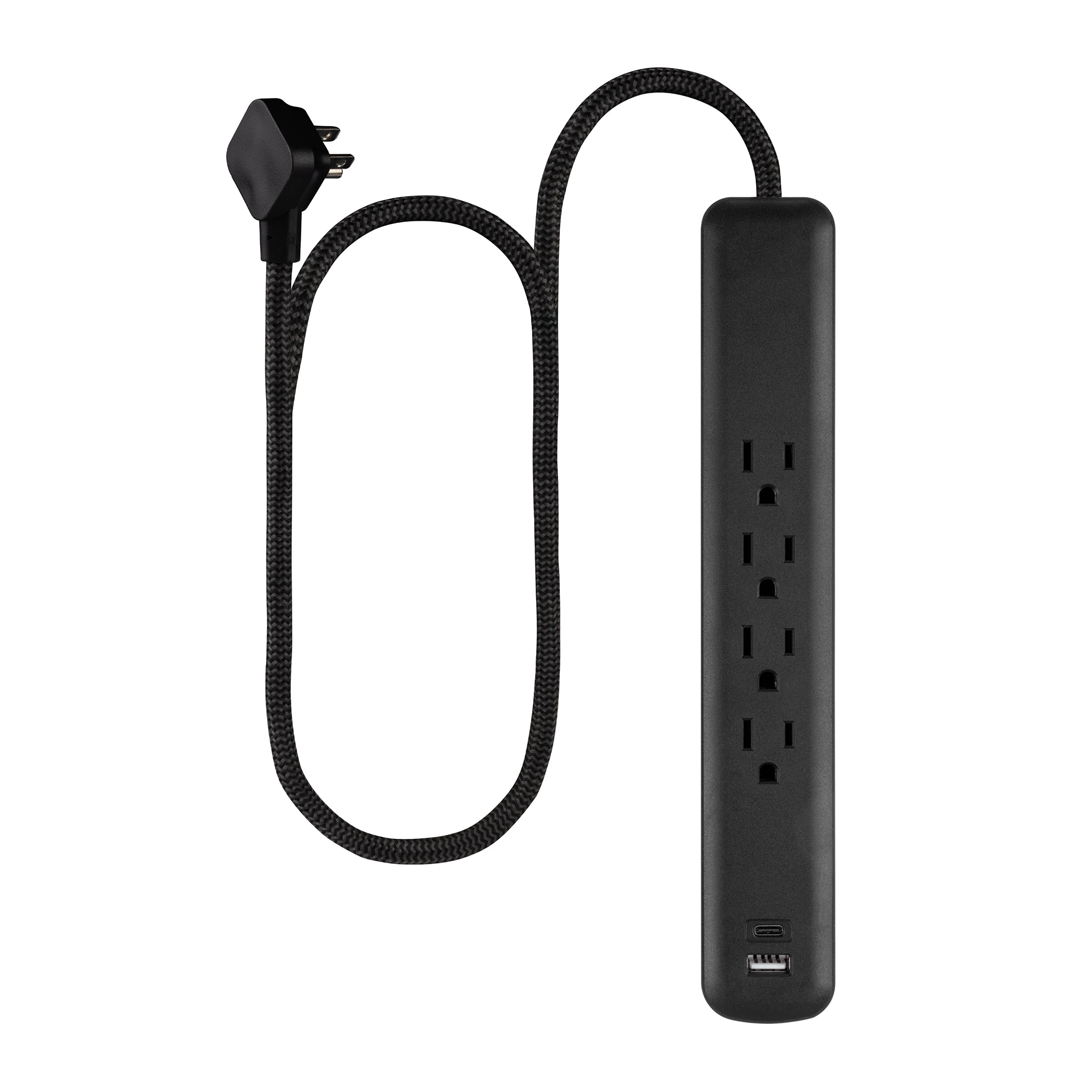 GE Surge Protector Power Strip, 4 Outlets, 1 USB-C & 1 USB-A Port (12W), 490J Protection, 3FT Braided Extension Cord, Flat Plug, Black