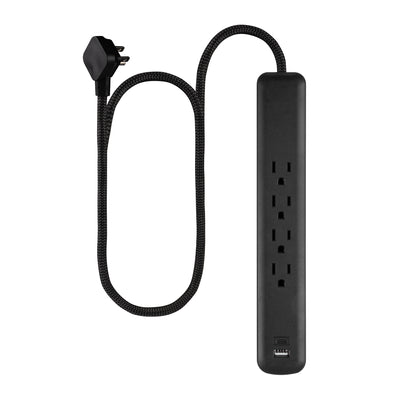 GE Surge Protector Power Strip, 4 Outlets, 1 USB-C & 1 USB-A Port (12W), 490J Protection, 3FT Braided Extension Cord, Flat Plug, Black