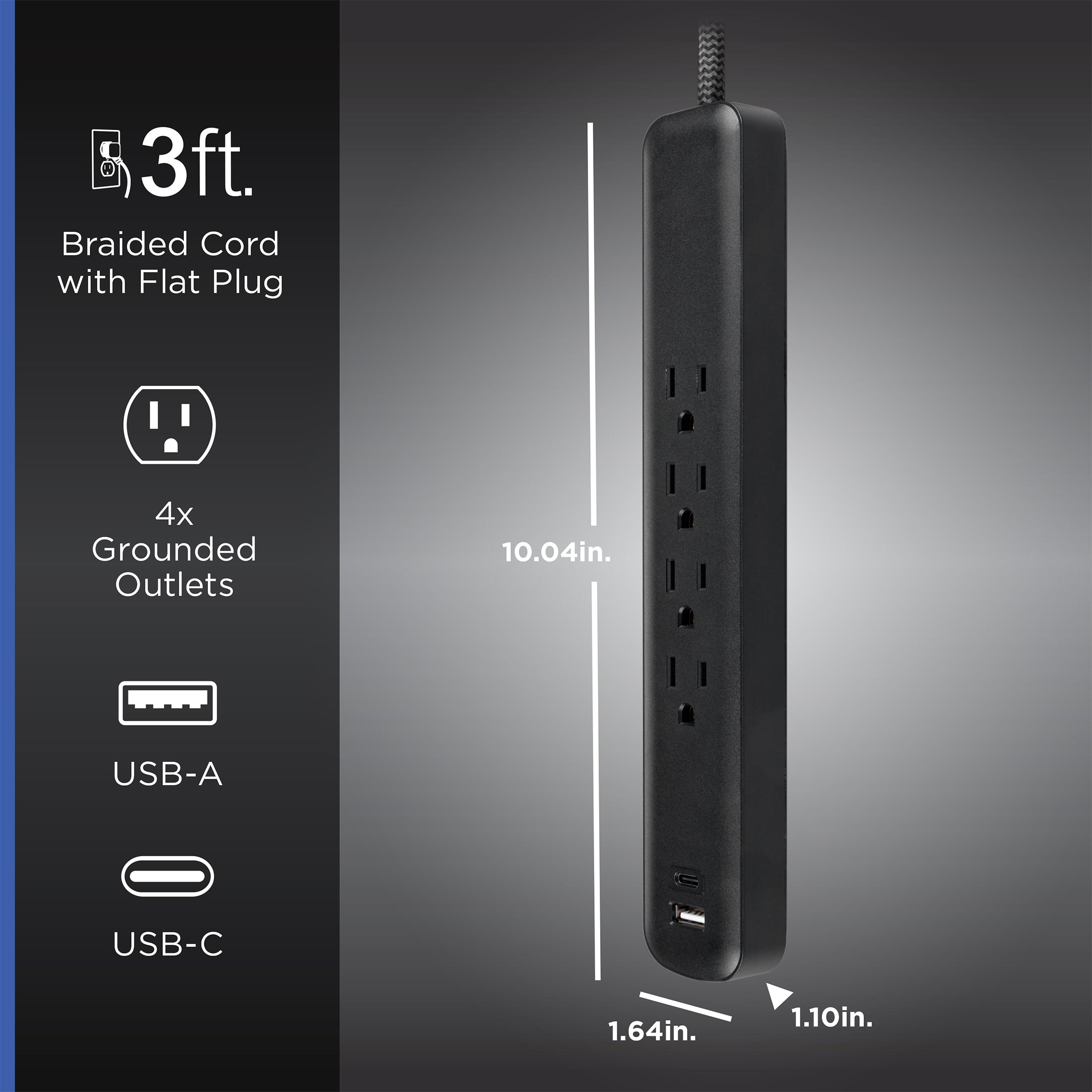 GE Surge Protector Power Strip, 4 Outlets, 1 USB-C & 1 USB-A Port (12W), 490J Protection, 3FT Braided Extension Cord, Flat Plug, Black