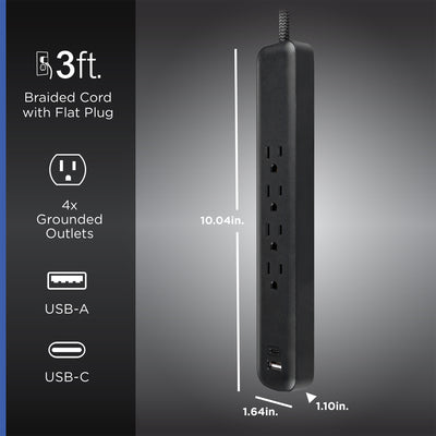 GE Surge Protector Power Strip, 4 Outlets, 1 USB-C & 1 USB-A Port (12W), 490J Protection, 3FT Braided Extension Cord, Flat Plug, Black